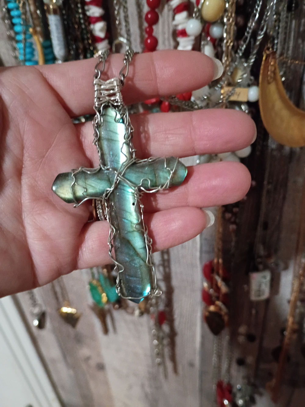 Handcrafted Labradorite Cross Pendant Necklace in Iridescent Blue-Green